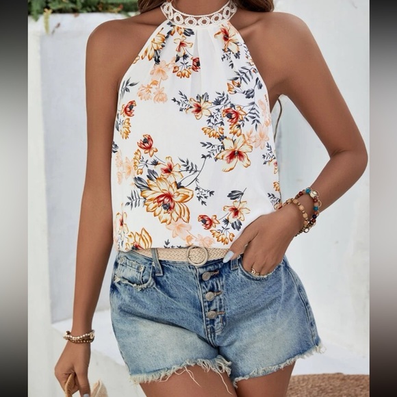 Boho Floral Print Keyhole Back Halter Neck Lace Tie Back Top Blouse Shirt - Picture 5 of 14